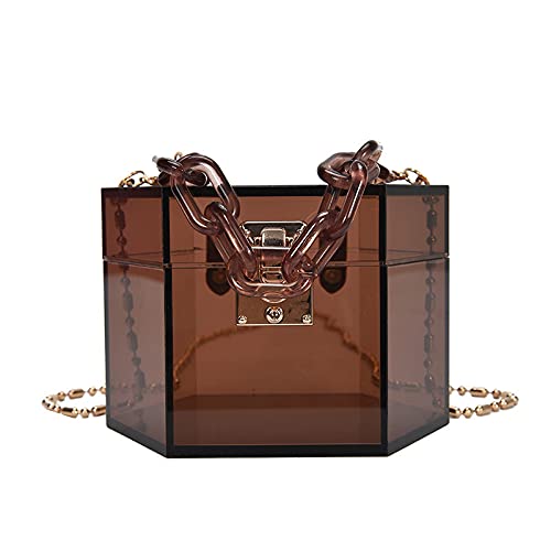 Acrylic Chain Transparent Box Jelly Bag Hexagon Clear PVC Handbag Mini Evening Crossbody Bag (Brown)