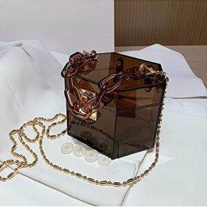 Acrylic Chain Transparent Box Jelly Bag Hexagon Clear PVC Handbag Mini Evening Crossbody Bag (Brown)