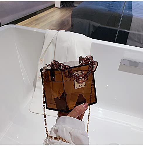 Acrylic Chain Transparent Box Jelly Bag Hexagon Clear PVC Handbag Mini Evening Crossbody Bag (Brown)