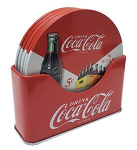 the tin box company coke 6 pc coaster set with standing metal holder, red