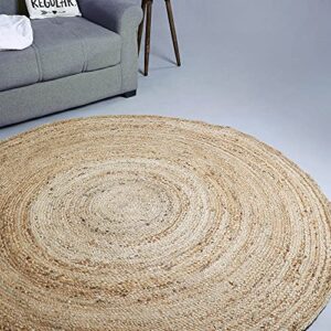 hausattire hand woven jute braided rug, 4′ round – natural, reversible area rugs for living room, kitchen, 4 feet round