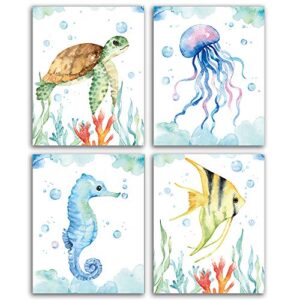suuura-oo texture of dreams watercolor sea marine life art print set of 4 (8”x10”), sea turtle seahorse fish wall poster, blue ocean theme baby nursery kids room wall decor