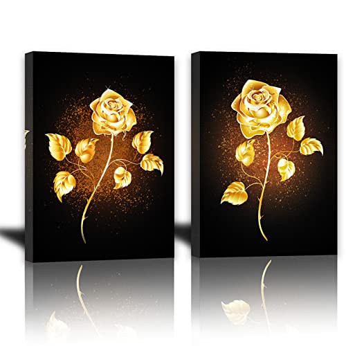 AOHART Golden Yellow Flowers Canvas Wall Art for Bedroom Bathroom Living Room Wall Decoration 12x16inch 2 Panels Framed Brass Color Rose Wall Decor for Home Kitchen Wall Black Gold Floral Prints Pictures