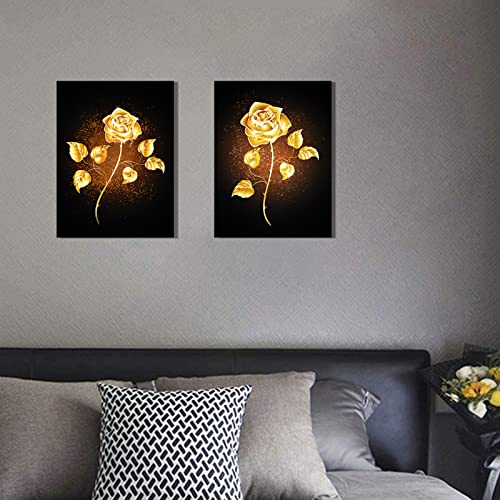 AOHART Golden Yellow Flowers Canvas Wall Art for Bedroom Bathroom Living Room Wall Decoration 12x16inch 2 Panels Framed Brass Color Rose Wall Decor for Home Kitchen Wall Black Gold Floral Prints Pictures