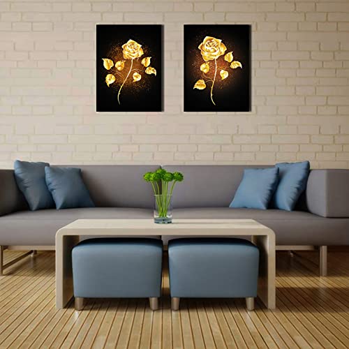 AOHART Golden Yellow Flowers Canvas Wall Art for Bedroom Bathroom Living Room Wall Decoration 12x16inch 2 Panels Framed Brass Color Rose Wall Decor for Home Kitchen Wall Black Gold Floral Prints Pictures