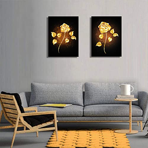 AOHART Golden Yellow Flowers Canvas Wall Art for Bedroom Bathroom Living Room Wall Decoration 12x16inch 2 Panels Framed Brass Color Rose Wall Decor for Home Kitchen Wall Black Gold Floral Prints Pictures