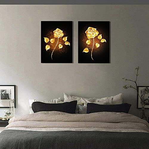 AOHART Golden Yellow Flowers Canvas Wall Art for Bedroom Bathroom Living Room Wall Decoration 12x16inch 2 Panels Framed Brass Color Rose Wall Decor for Home Kitchen Wall Black Gold Floral Prints Pictures