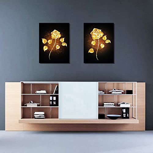 AOHART Golden Yellow Flowers Canvas Wall Art for Bedroom Bathroom Living Room Wall Decoration 12x16inch 2 Panels Framed Brass Color Rose Wall Decor for Home Kitchen Wall Black Gold Floral Prints Pictures