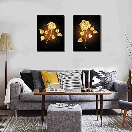 AOHART Golden Yellow Flowers Canvas Wall Art for Bedroom Bathroom Living Room Wall Decoration 12x16inch 2 Panels Framed Brass Color Rose Wall Decor for Home Kitchen Wall Black Gold Floral Prints Pictures