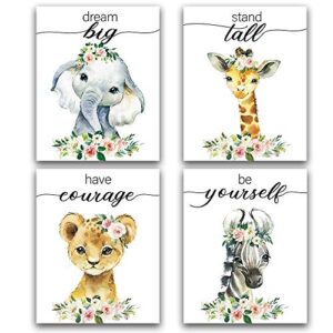 elephant flower inspirational words woodland crown animals adorable art print set of 4 (8”x10”), motivational quote phrases wall art poster for nursery baby kids room home decor, no frame (flower)