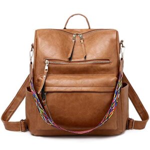 qyoubi women’s leather fashion design backpack purse casual convertible daypacks satchel handbags multipurpose travel bag brown