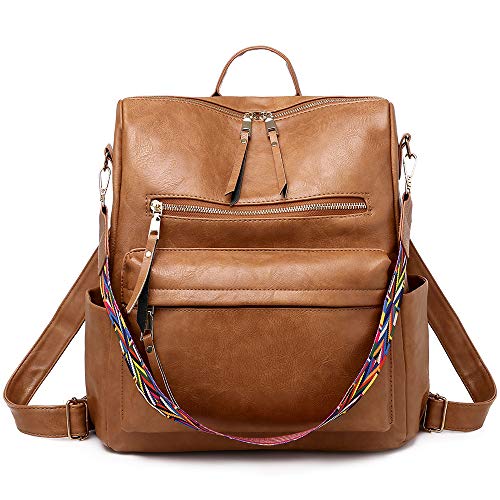 Qyoubi Women's Leather Fashion Design Backpack Purse Casual Convertible Daypacks Satchel Handbags Multipurpose Travel Bag Brown