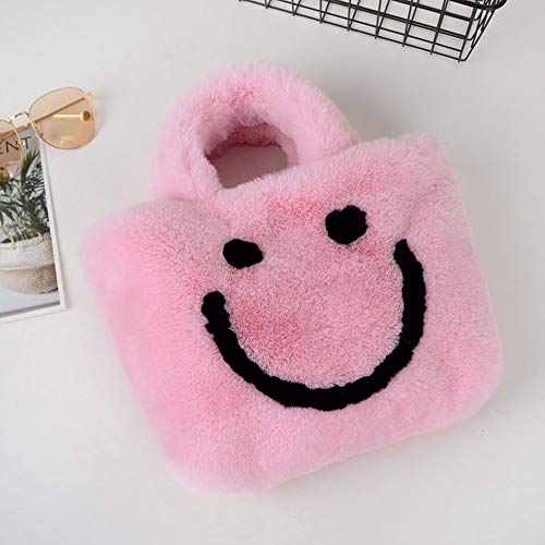 Women Smile Face Faux Fur Clutch Handbag Tote Bag Shoulder Bag Crossbody Bag with Detachable Chain (Light Pink)