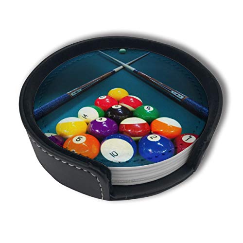 FUNCOOLCY Billiards Coasters for Drinks with Holder, Leather Coasters Set of 6, Round Cups Mugs Mat Pad for Home Kitchen