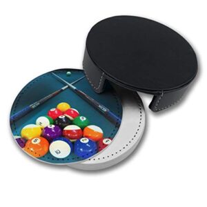 FUNCOOLCY Billiards Coasters for Drinks with Holder, Leather Coasters Set of 6, Round Cups Mugs Mat Pad for Home Kitchen