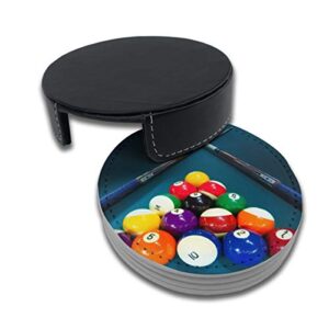 FUNCOOLCY Billiards Coasters for Drinks with Holder, Leather Coasters Set of 6, Round Cups Mugs Mat Pad for Home Kitchen