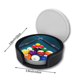 FUNCOOLCY Billiards Coasters for Drinks with Holder, Leather Coasters Set of 6, Round Cups Mugs Mat Pad for Home Kitchen