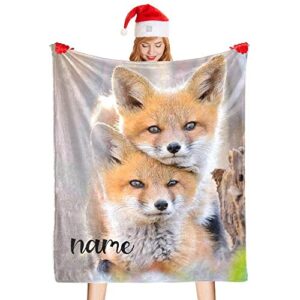 Custom Blanket with Name Text,Personalized Animal Funny Sweet Fox Super Soft Fleece Throw Blanket for Couch Sofa Bed (50 X 60 inches)