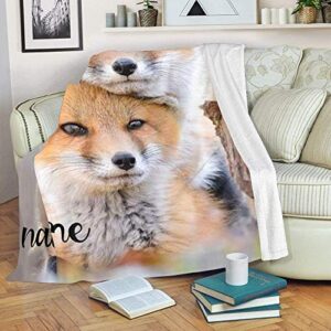 Custom Blanket with Name Text,Personalized Animal Funny Sweet Fox Super Soft Fleece Throw Blanket for Couch Sofa Bed (50 X 60 inches)