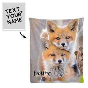Custom Blanket with Name Text,Personalized Animal Funny Sweet Fox Super Soft Fleece Throw Blanket for Couch Sofa Bed (50 X 60 inches)