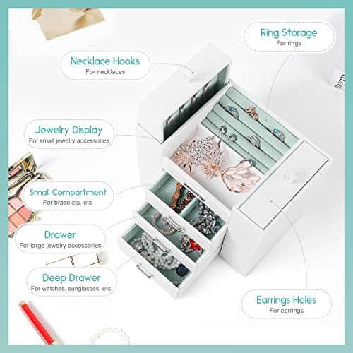 Homde Jewelry Organizer for Girls Women Jewelry Box Necklaces Rings Earrings Display Stand Jewelry Storage Holder Case for Bracelets Watches Sunglasses (White + Light Green)