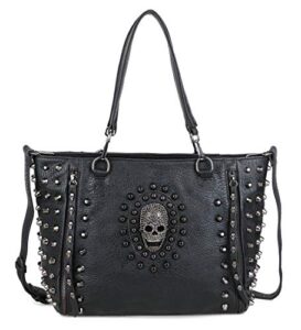 fivelovetwo skull handbag purse for women gothic top-handle shoulder bag pu leather tote satchel black
