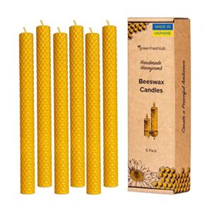 greenfreshlab handmade beeswax taper candles – 6 pack of 10 inch candles, dripless, smokeless & soot-free, 5-6 hour burn time, natural honey scent – great dinner candles, 3 birthday candles included