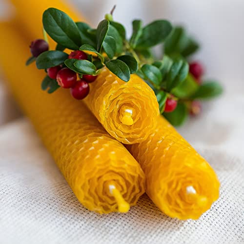 Greenfreshlab Handmade Beeswax Taper Candles - 6 Pack of 10 Inch Candles, Dripless, Smokeless & Soot-Free, 5-6 Hour Burn Time, Natural Honey Scent - Great Dinner Candles, 3 Birthday Candles Included