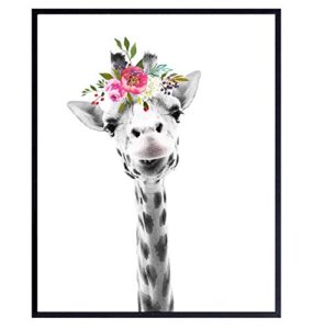 baby giraffe wall decor print – flower crown jungle animals wall art decoration for girls bedroom, kids room, nursery – cute gift – boho shabby chic picture – 8×10 unframed photo poster