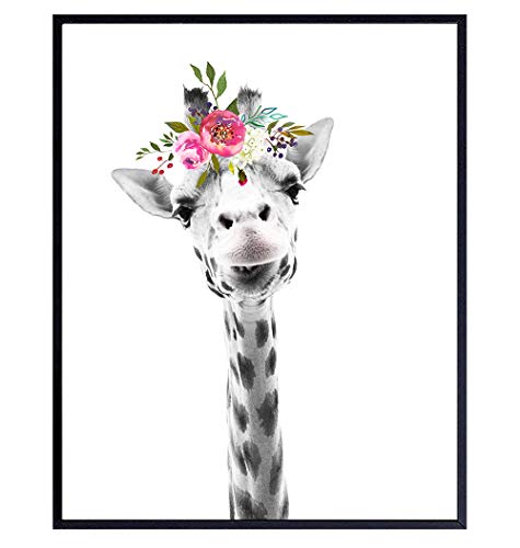 Baby Giraffe Wall Decor Print - Flower Crown Jungle Animals Wall Art Decoration for Girls Bedroom, Kids Room, Nursery - Cute Gift - Boho Shabby Chic Picture - 8x10 UNFRAMED Photo Poster