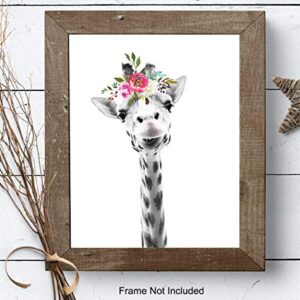 Baby Giraffe Wall Decor Print - Flower Crown Jungle Animals Wall Art Decoration for Girls Bedroom, Kids Room, Nursery - Cute Gift - Boho Shabby Chic Picture - 8x10 UNFRAMED Photo Poster