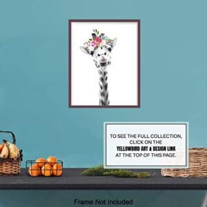 Baby Giraffe Wall Decor Print - Flower Crown Jungle Animals Wall Art Decoration for Girls Bedroom, Kids Room, Nursery - Cute Gift - Boho Shabby Chic Picture - 8x10 UNFRAMED Photo Poster