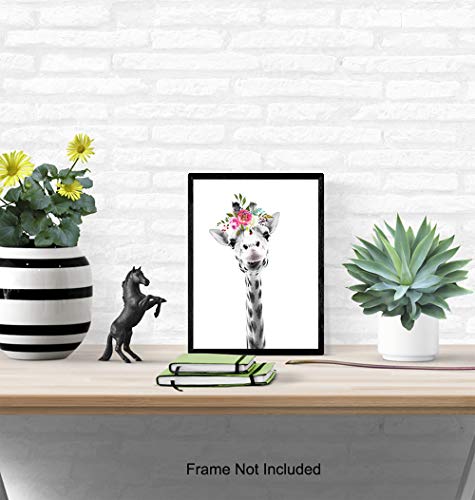 Baby Giraffe Wall Decor Print - Flower Crown Jungle Animals Wall Art Decoration for Girls Bedroom, Kids Room, Nursery - Cute Gift - Boho Shabby Chic Picture - 8x10 UNFRAMED Photo Poster