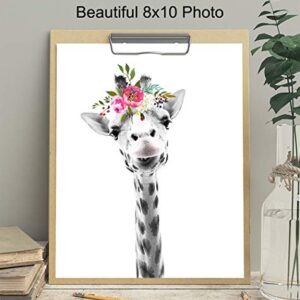 Baby Giraffe Wall Decor Print - Flower Crown Jungle Animals Wall Art Decoration for Girls Bedroom, Kids Room, Nursery - Cute Gift - Boho Shabby Chic Picture - 8x10 UNFRAMED Photo Poster