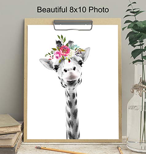 Baby Giraffe Wall Decor Print - Flower Crown Jungle Animals Wall Art Decoration for Girls Bedroom, Kids Room, Nursery - Cute Gift - Boho Shabby Chic Picture - 8x10 UNFRAMED Photo Poster