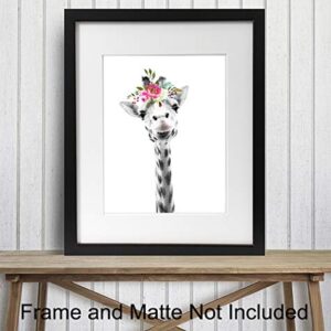 Baby Giraffe Wall Decor Print - Flower Crown Jungle Animals Wall Art Decoration for Girls Bedroom, Kids Room, Nursery - Cute Gift - Boho Shabby Chic Picture - 8x10 UNFRAMED Photo Poster
