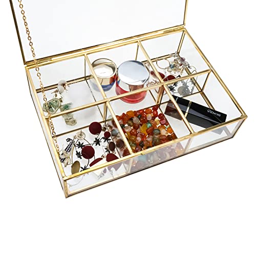 HighFree Golden Vintage Glass Box, Clear Keepsake Box Jewelry Organizer and Counter Top Collection Display Case, Decorative Clear Glass & Brass Box