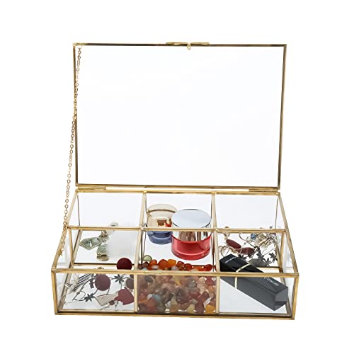 HighFree Golden Vintage Glass Box, Clear Keepsake Box Jewelry Organizer and Counter Top Collection Display Case, Decorative Clear Glass & Brass Box