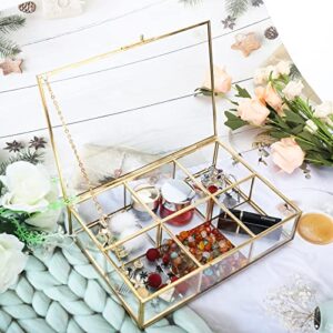 HighFree Golden Vintage Glass Box, Clear Keepsake Box Jewelry Organizer and Counter Top Collection Display Case, Decorative Clear Glass & Brass Box