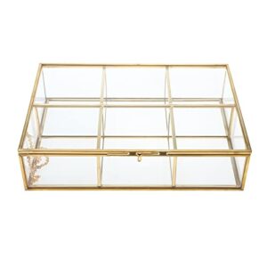 HighFree Golden Vintage Glass Box, Clear Keepsake Box Jewelry Organizer and Counter Top Collection Display Case, Decorative Clear Glass & Brass Box