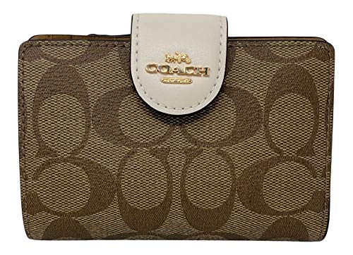 COACH Signature Medium Corner Zip Wallet in Coated Canvas Khaki Chalk