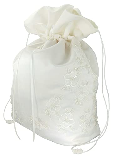 ENCHANTED BRIDE Satin Bridal Wedding Money Bag (#E1D4MBiv) in LARGE Size with Pearl-Embellished Floral Lace for Receiving Envelopes and cards, Bridal Purse, and Other Special Occasions