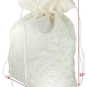 ENCHANTED BRIDE Satin Bridal Wedding Money Bag (#E1D4MBiv) in LARGE Size with Pearl-Embellished Floral Lace for Receiving Envelopes and cards, Bridal Purse, and Other Special Occasions