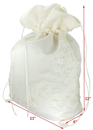 ENCHANTED BRIDE Satin Bridal Wedding Money Bag (#E1D4MBiv) in LARGE Size with Pearl-Embellished Floral Lace for Receiving Envelopes and cards, Bridal Purse, and Other Special Occasions