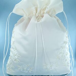 ENCHANTED BRIDE Satin Bridal Wedding Money Bag (#E1D4MBiv) in LARGE Size with Pearl-Embellished Floral Lace for Receiving Envelopes and cards, Bridal Purse, and Other Special Occasions