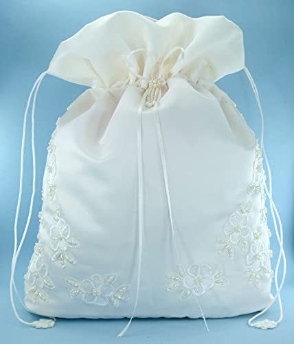 ENCHANTED BRIDE Satin Bridal Wedding Money Bag (#E1D4MBiv) in LARGE Size with Pearl-Embellished Floral Lace for Receiving Envelopes and cards, Bridal Purse, and Other Special Occasions