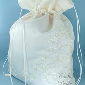 ENCHANTED BRIDE Satin Bridal Wedding Money Bag (#E1D4MBiv) in LARGE Size with Pearl-Embellished Floral Lace for Receiving Envelopes and cards, Bridal Purse, and Other Special Occasions