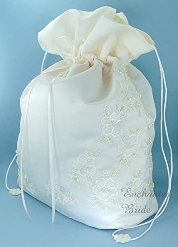 ENCHANTED BRIDE Satin Bridal Wedding Money Bag (#E1D4MBiv) in LARGE Size with Pearl-Embellished Floral Lace for Receiving Envelopes and cards, Bridal Purse, and Other Special Occasions