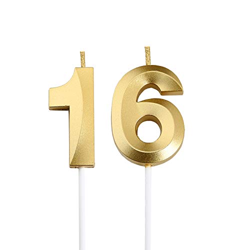 16th Birthday Candles,Gold Number 16 Cake Topper for Birthday Decorations Party Decoration