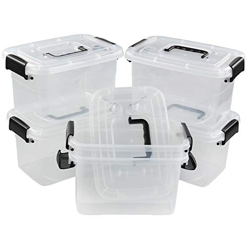 Jandson 5 Quart Clear Storage Bin, Latching Box Container with Black Handle, 6 Packs